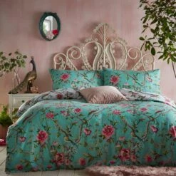 Furn. Vintage Chinoiserie Jade Floral Reversible Duvet Cover And Pillowcase Set