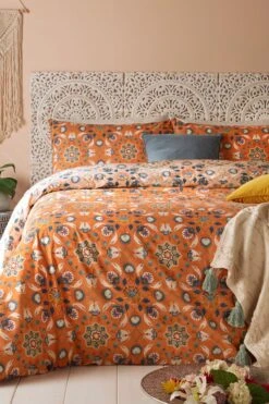 Furn. Ochre Yellow Folk Flora Floral Reversible Duvet Cover And Pillowcase Set