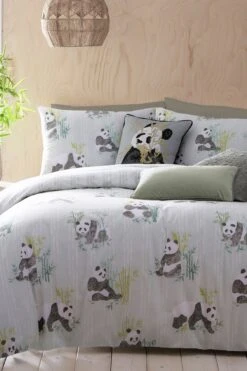 Furn. Mint Pandas Reversible Printed Polycotton Duvet Cover And Pillowcase Set