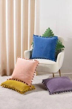 Furn. Dora Cotton Velvet Pom-Pom Trim Cushion -Furn Store D95633s5